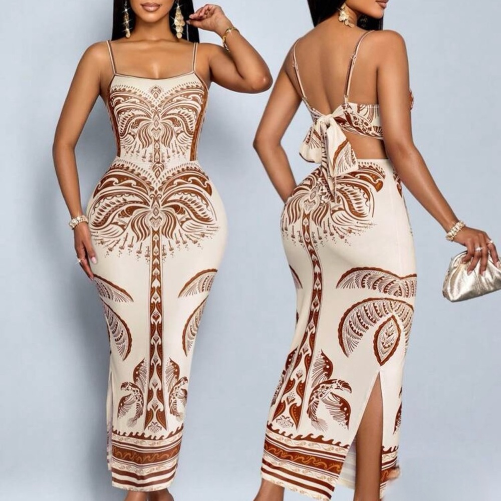 Elegant Cream and Brown Patterned Dress